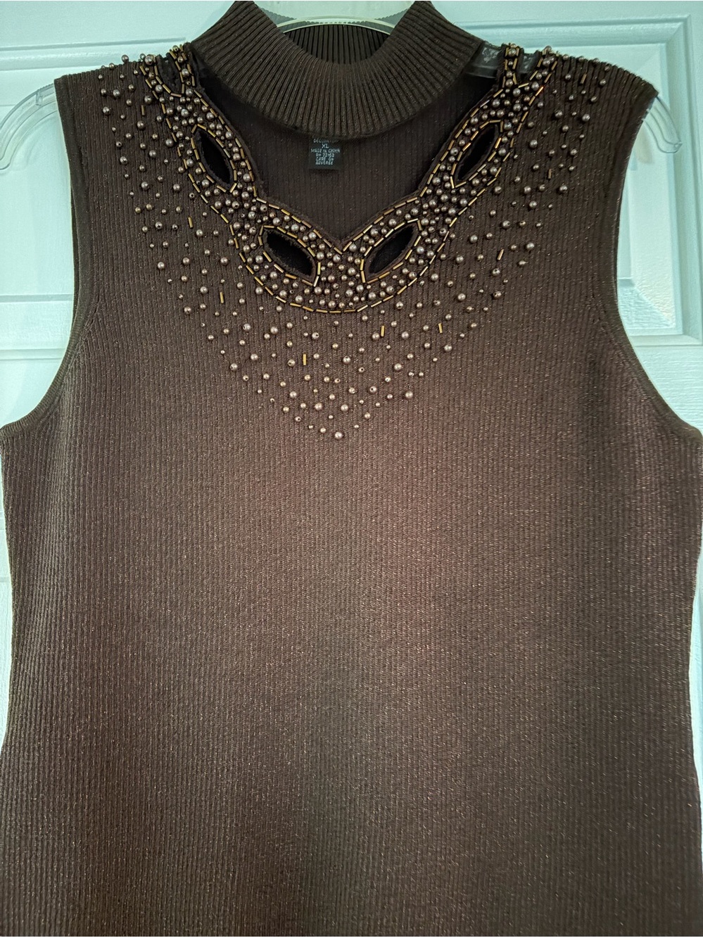 Beaded Mock Neck Sleeveless Knit Tank in Brown, XL, Preloved